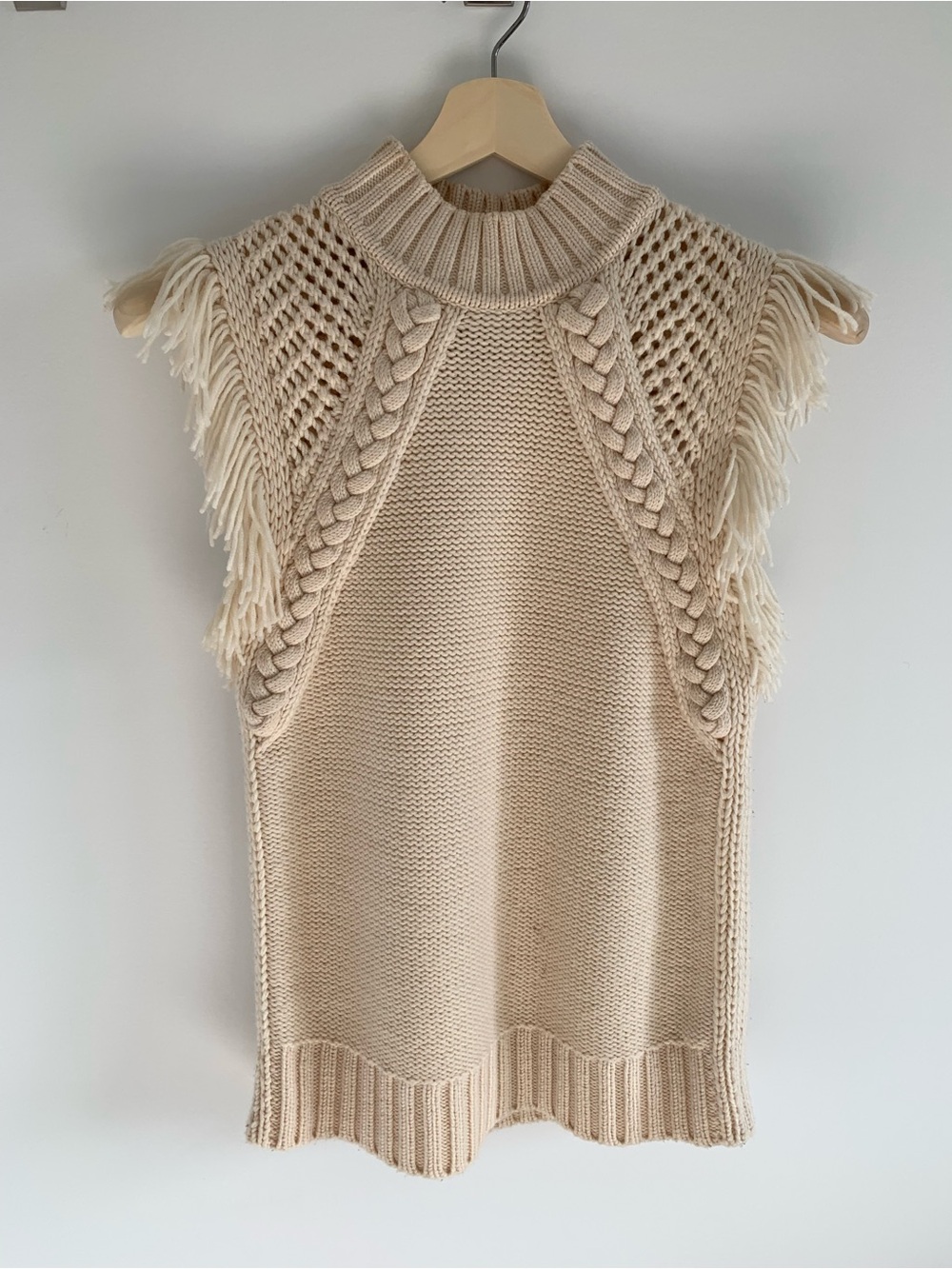 Sleeveless Cable-Knit Fringe Sweater Vest in Cream